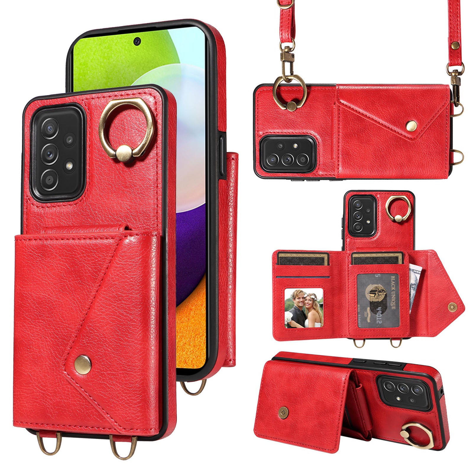 002 For Samsung Galaxy A52 4G A52 5G A52s 5G Card Bag Ring Kickstand Anti-drop Cover Litchi Texture Leather Coated TPU Phone Case with Shoulder Strap 002 For Samsung Galaxy A52 4G A52 5G A52s 5G Card Bag Ring Kickstand Anti-drop Cover Litchi Texture Leather Coated TPU Phone Case with Shoulder Strap